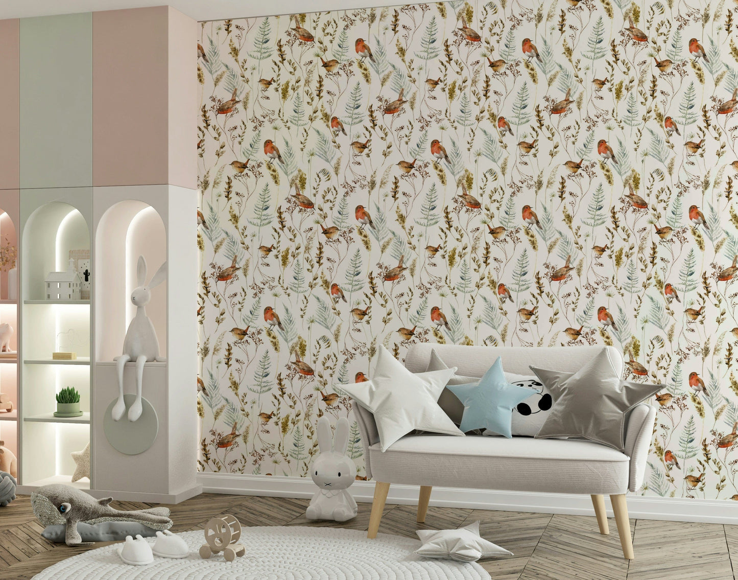 Winter Robins' Song Wallpaper in bedroom, bird pattern, calm color palette