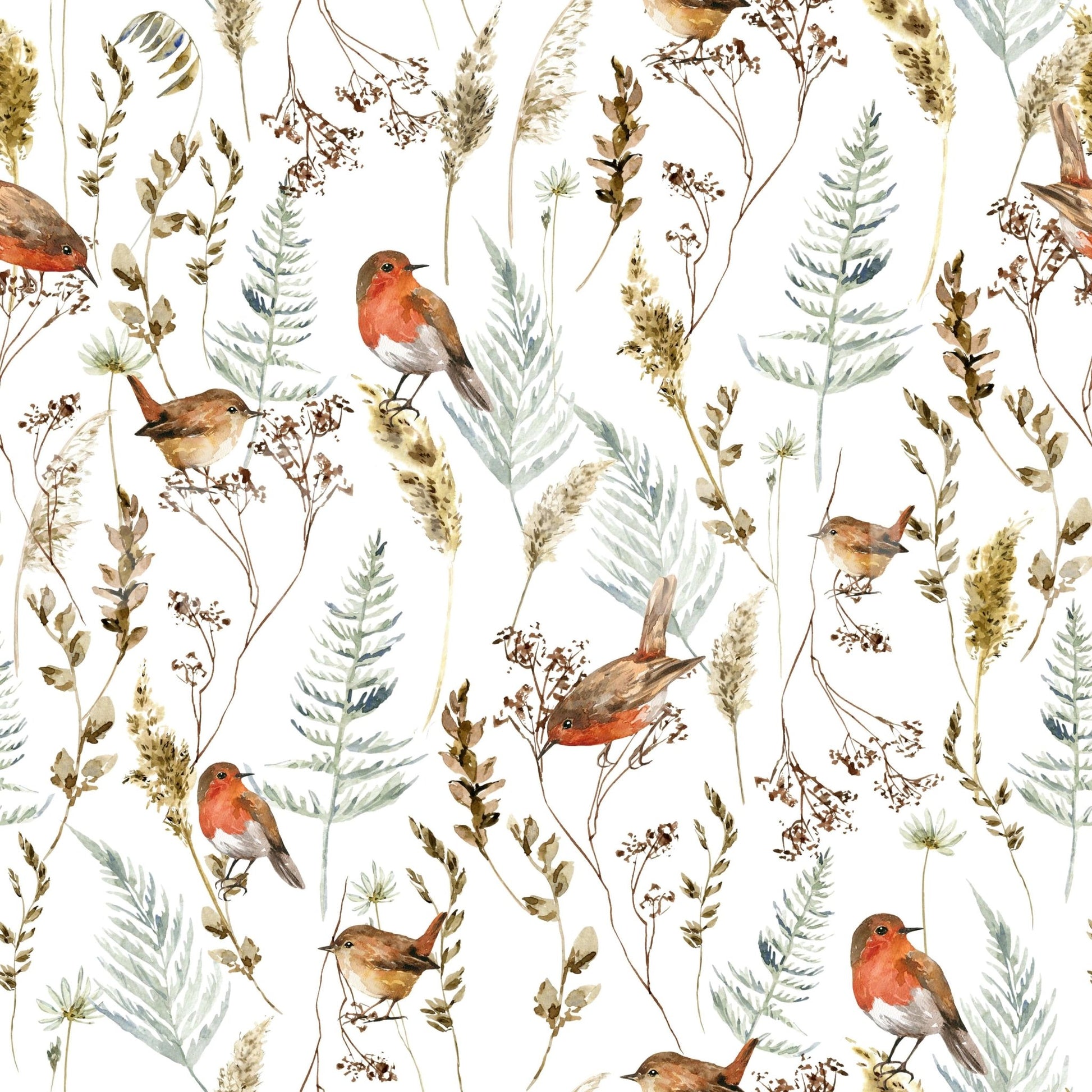 Winter bird wallpaper for powder room, subtle pattern, soft neutral colors