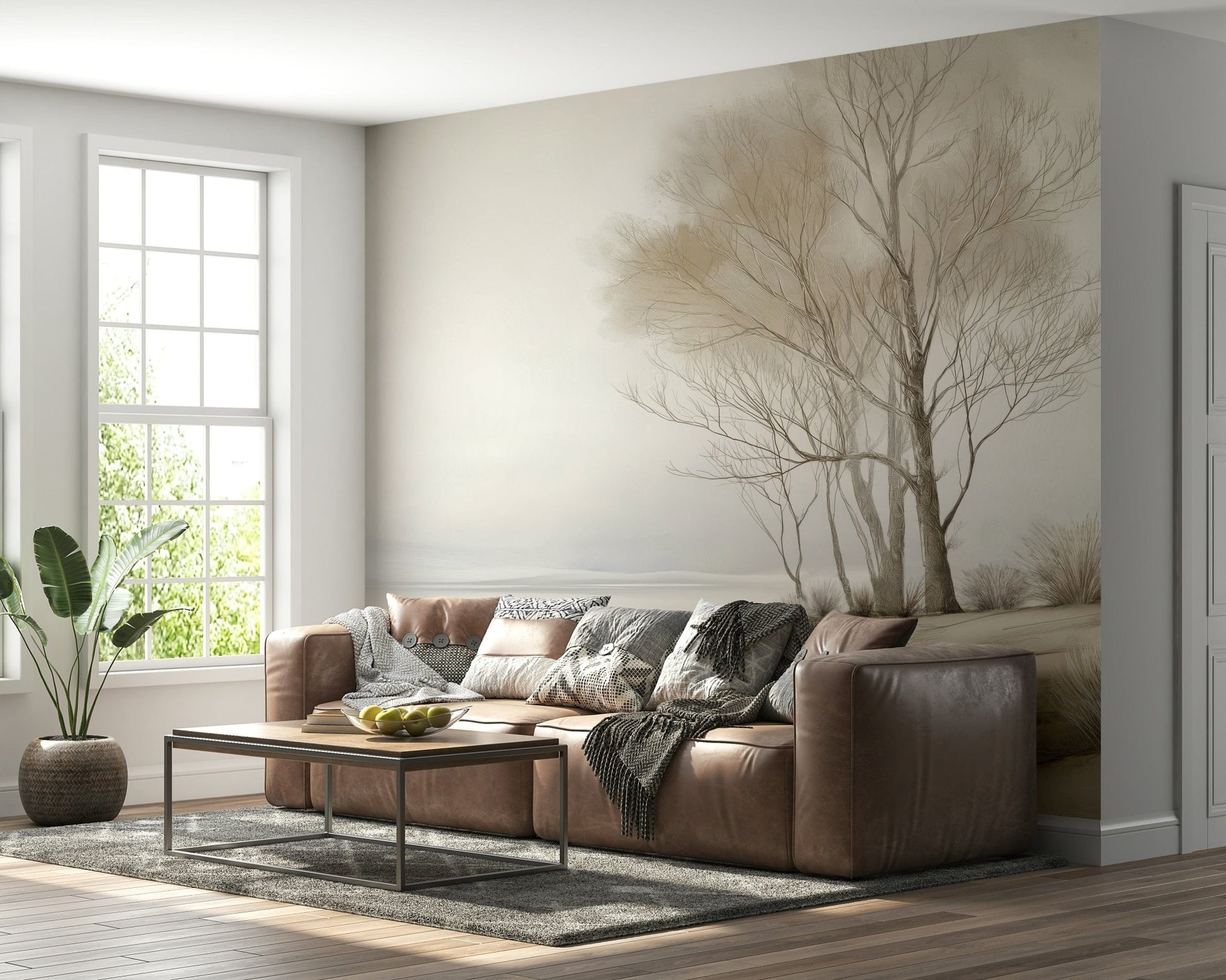 A minimal winter shoreline wallpaper showing pale trees fading into a misty horizon.