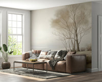 A minimal winter shoreline wallpaper showing pale trees fading into a misty horizon.