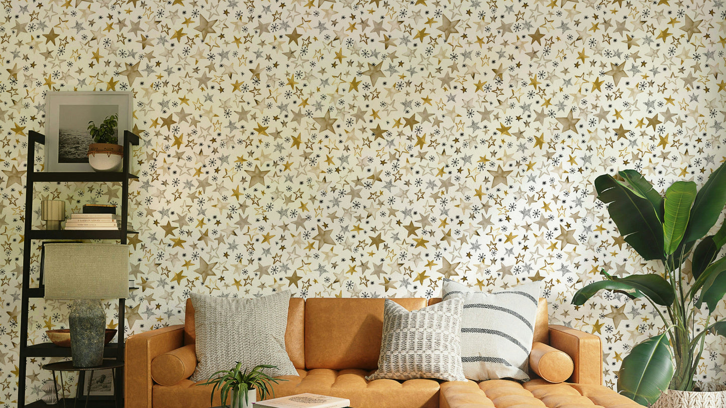 Winter Stars Gold Kids Wallpaper in a stylish flat nursery with wicker storage.