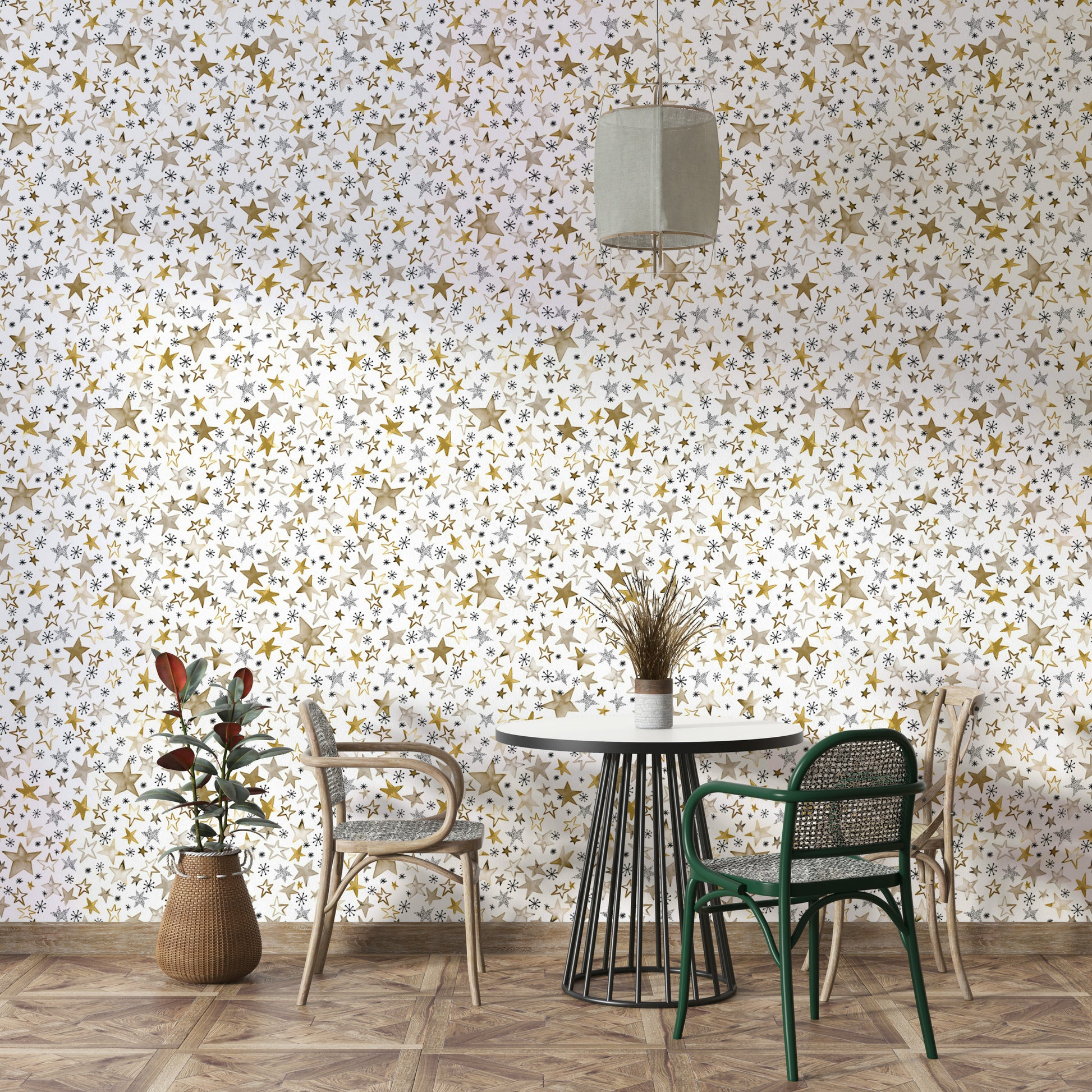 Feature wall with Winter Stars Gold Kids Wallpaper in a gender-neutral nursery.