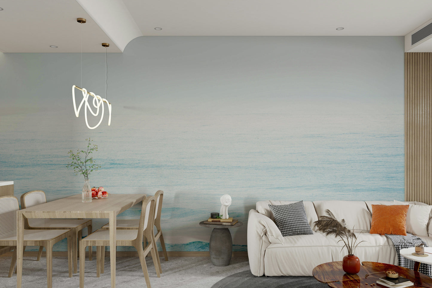 A peaceful open ocean mural on decorative wallpaper.

