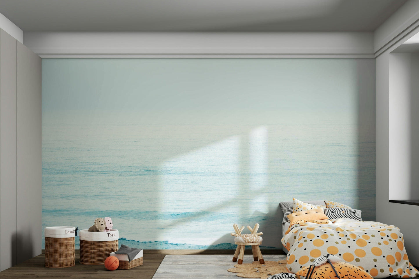 An artistic moody sea mural on minimalist wallpaper.

