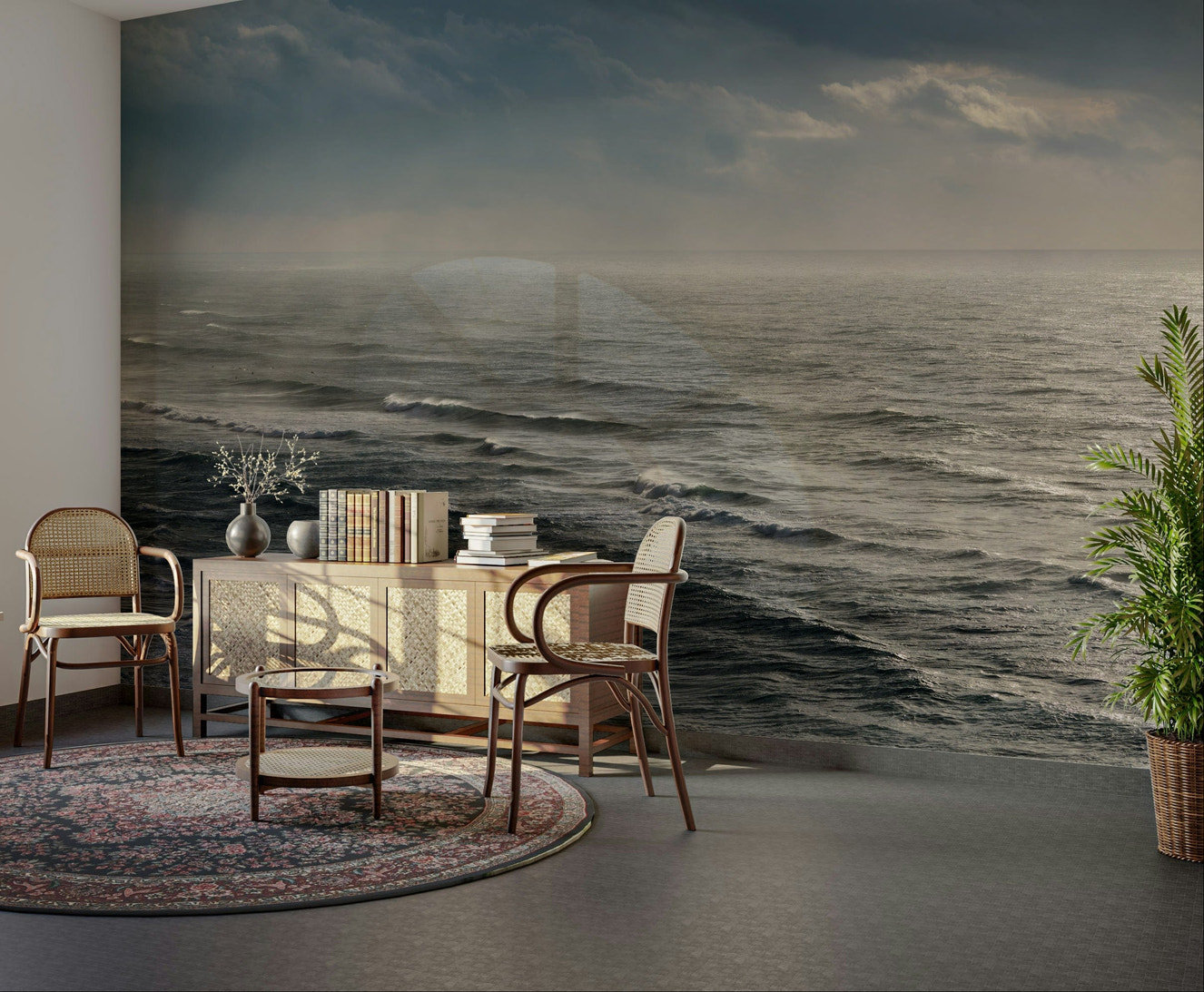 The wallpaper is used as a feature wall in a bedroom.

