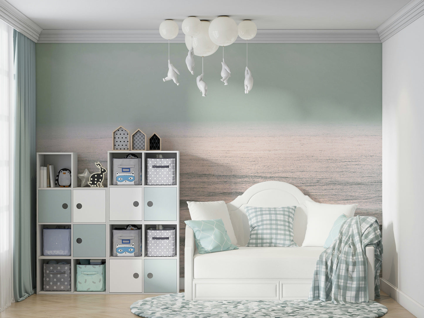 A calming abstract wave wallpaper mural that defines a space.

.

