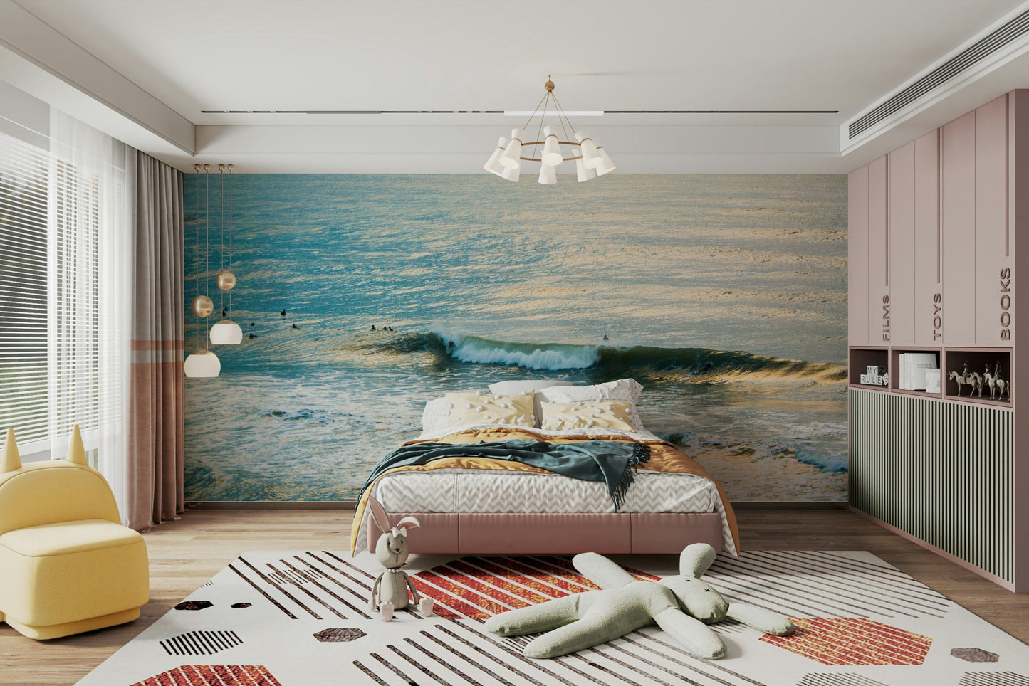 A peaceful open ocean mural on decorative wallpaper.

