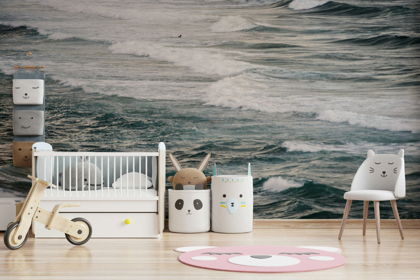 A minimalist home office with the abstract wave wallpaper.

