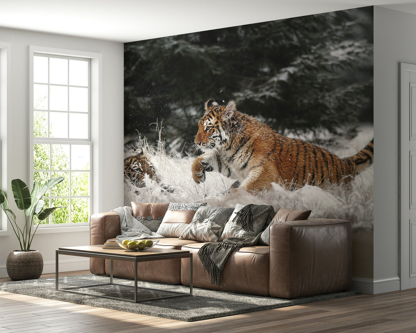 Tiger Cubs Feature Wall Mural – Charming mural showcasing playful tiger cubs in a winter wonderland setting.