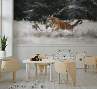 Tiger Cubs in Snow Wall Mural – Cute and lively mural featuring young tigers enjoying a winter landscape.