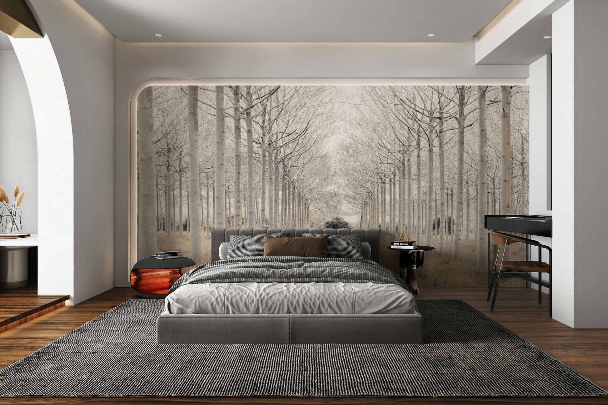 The colors are muted tones of white, gray, and brown.

