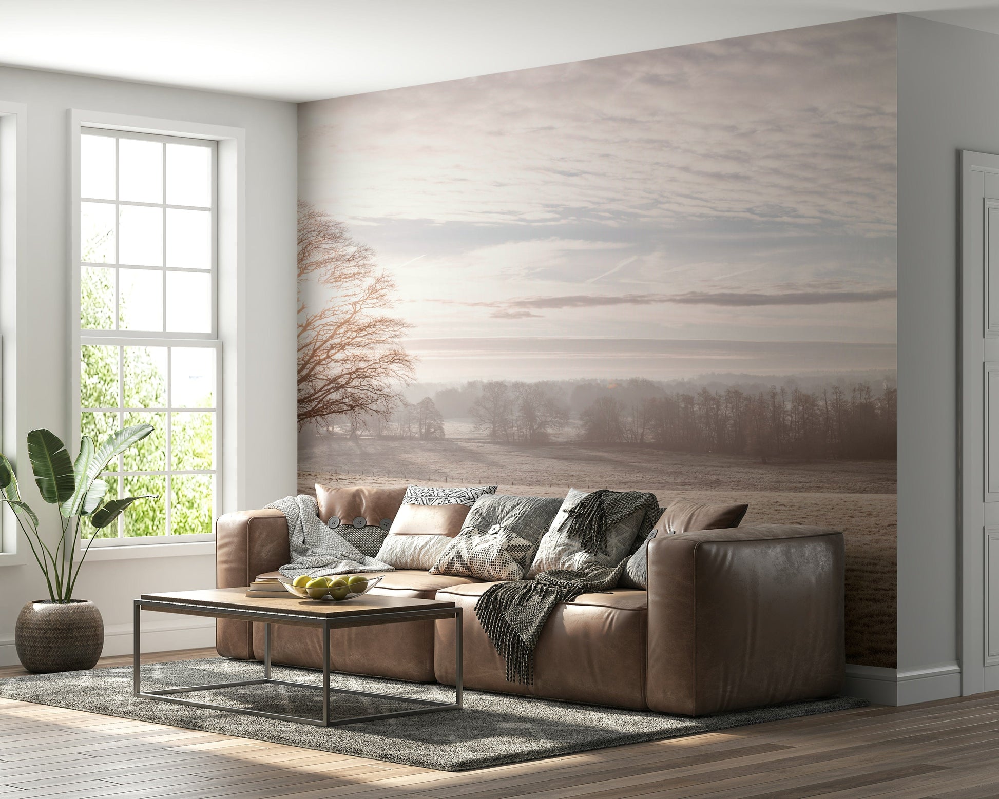 Fireplace feature wall with winter scene mural, natural light and muted color tones