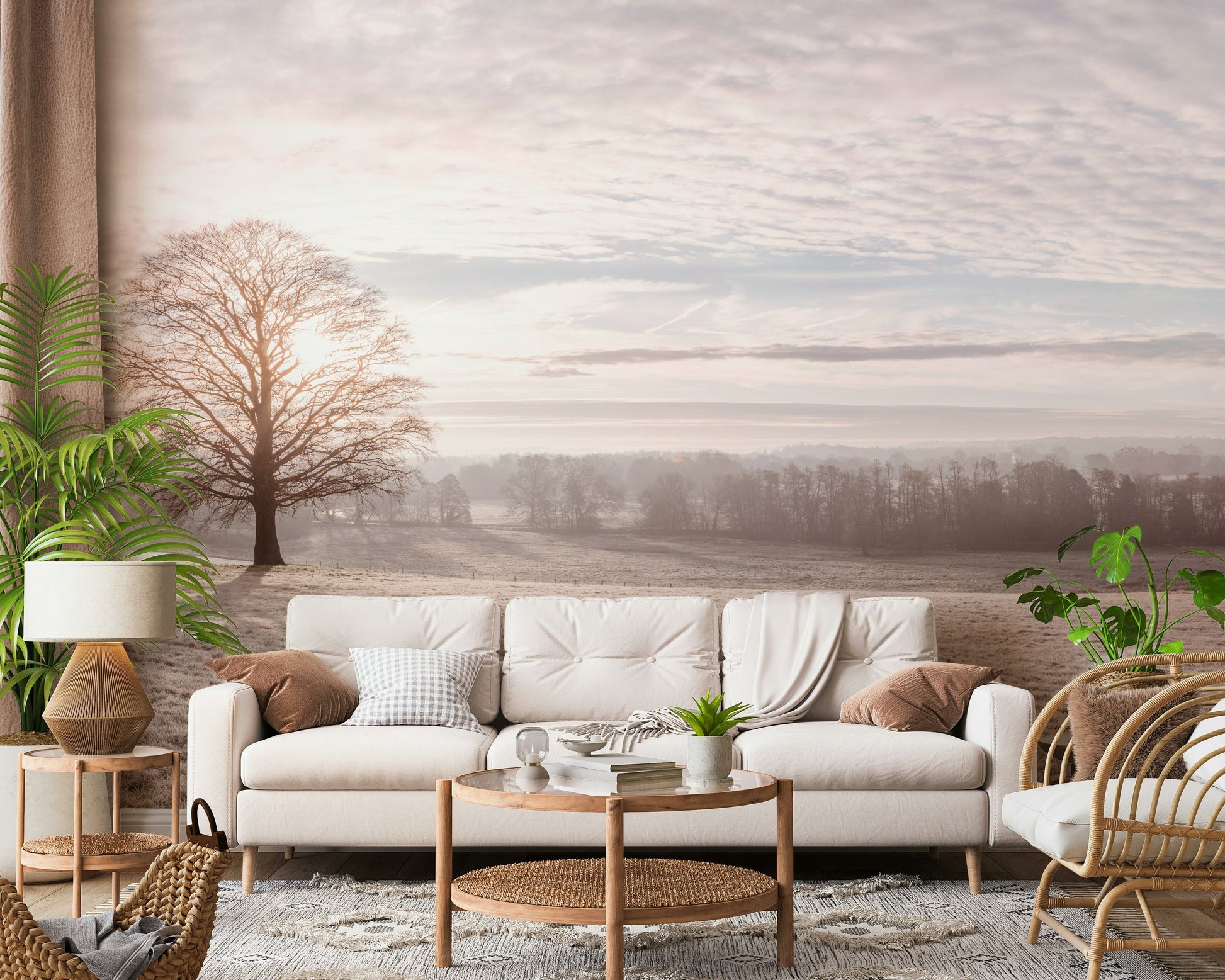 Modern nursery wall mural with calm winter sky, light color and warm neutrals
