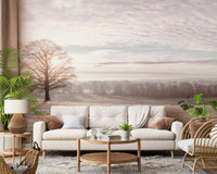 Modern nursery wall mural with calm winter sky, light color and warm neutrals