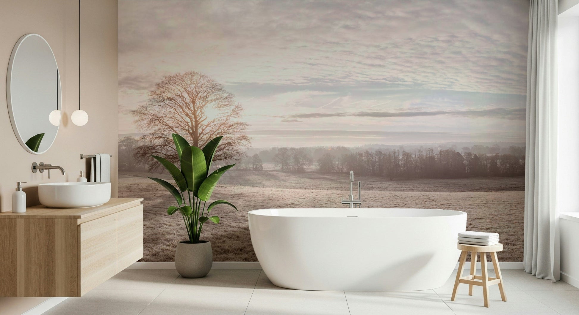 Reading corner with snowy mountain mural, soft whites and cool grays, modern décor