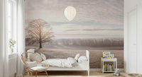 Home office backdrop with gentle winter mural, modern wall decor, light gray tones