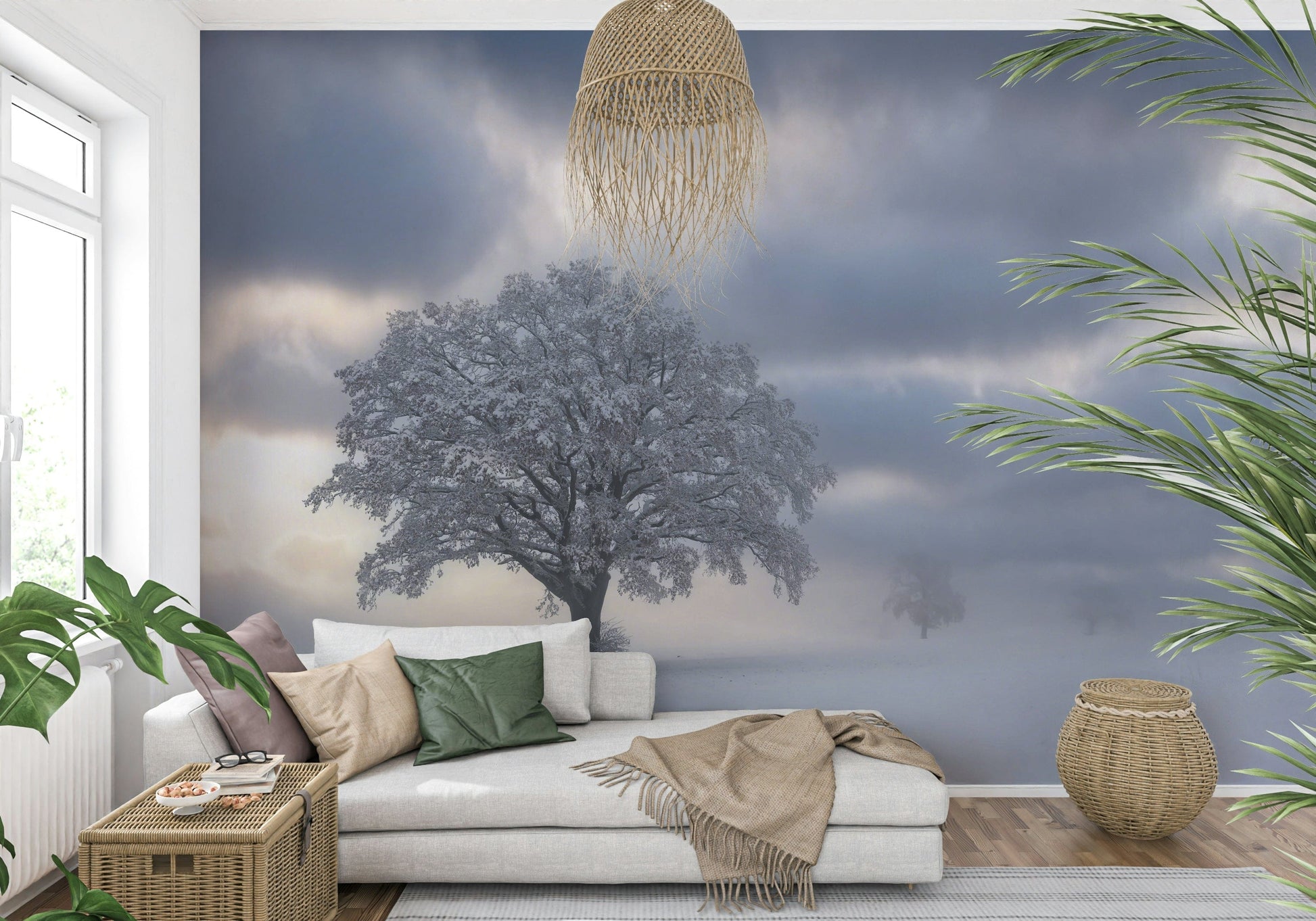 Beautiful Solitaire design, white tree, frozen land, elegant decor.