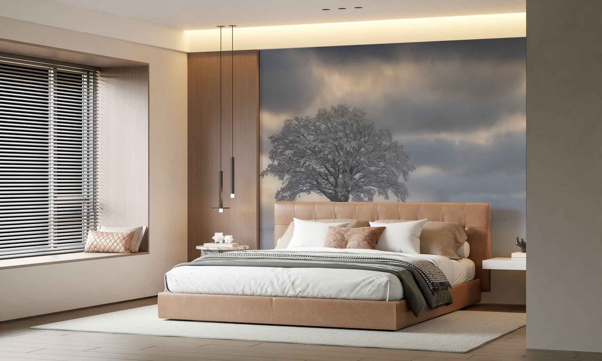 Wall mural, snowy field, bare branches, thick mist, peaceful morning.