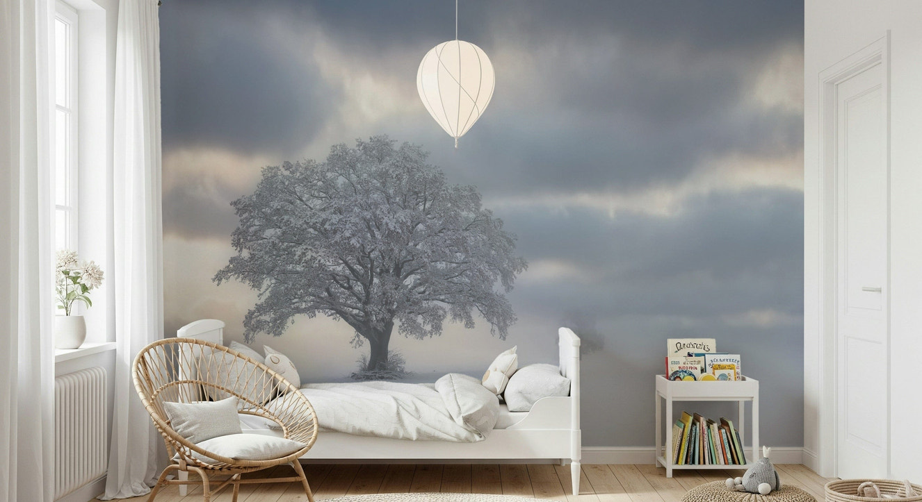Frozen Woodland Solitaire wall mural, snow-covered tree, winter scene.