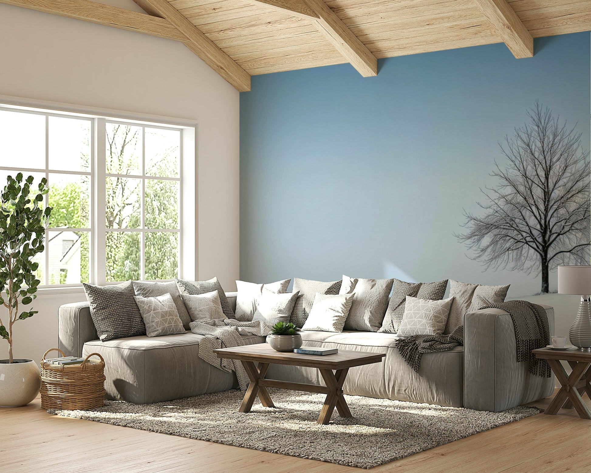 The wallpaper is used as a feature wall in a bedroom.