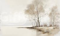 A gentle winter wallpaper showing quiet coastal trees with soft shadows and muted colors.