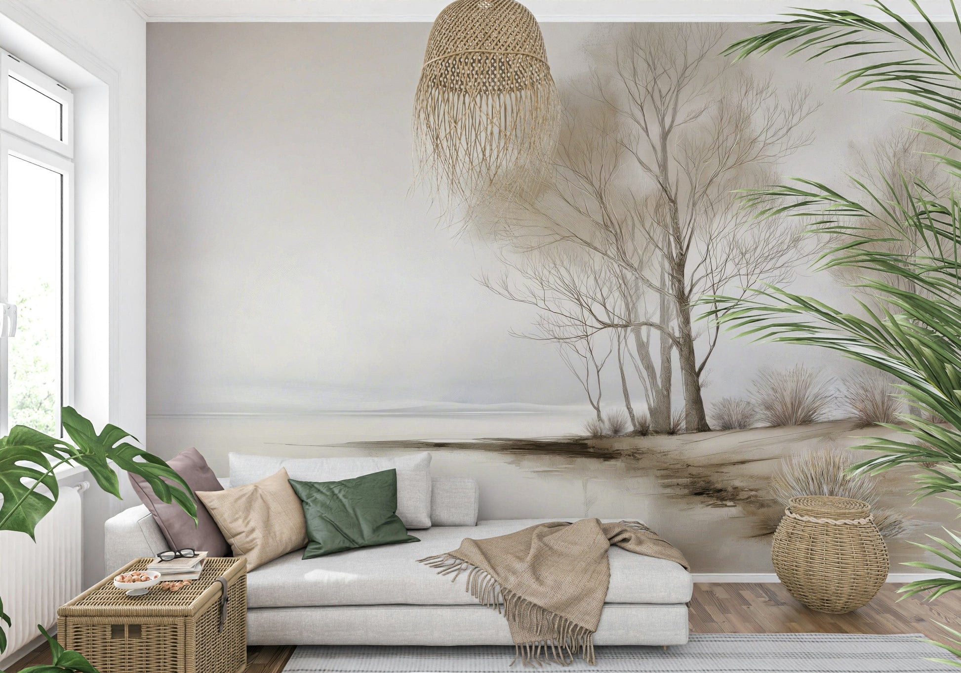 A tranquil snowy-shore wallpaper featuring slender trees against a muted winter sky.