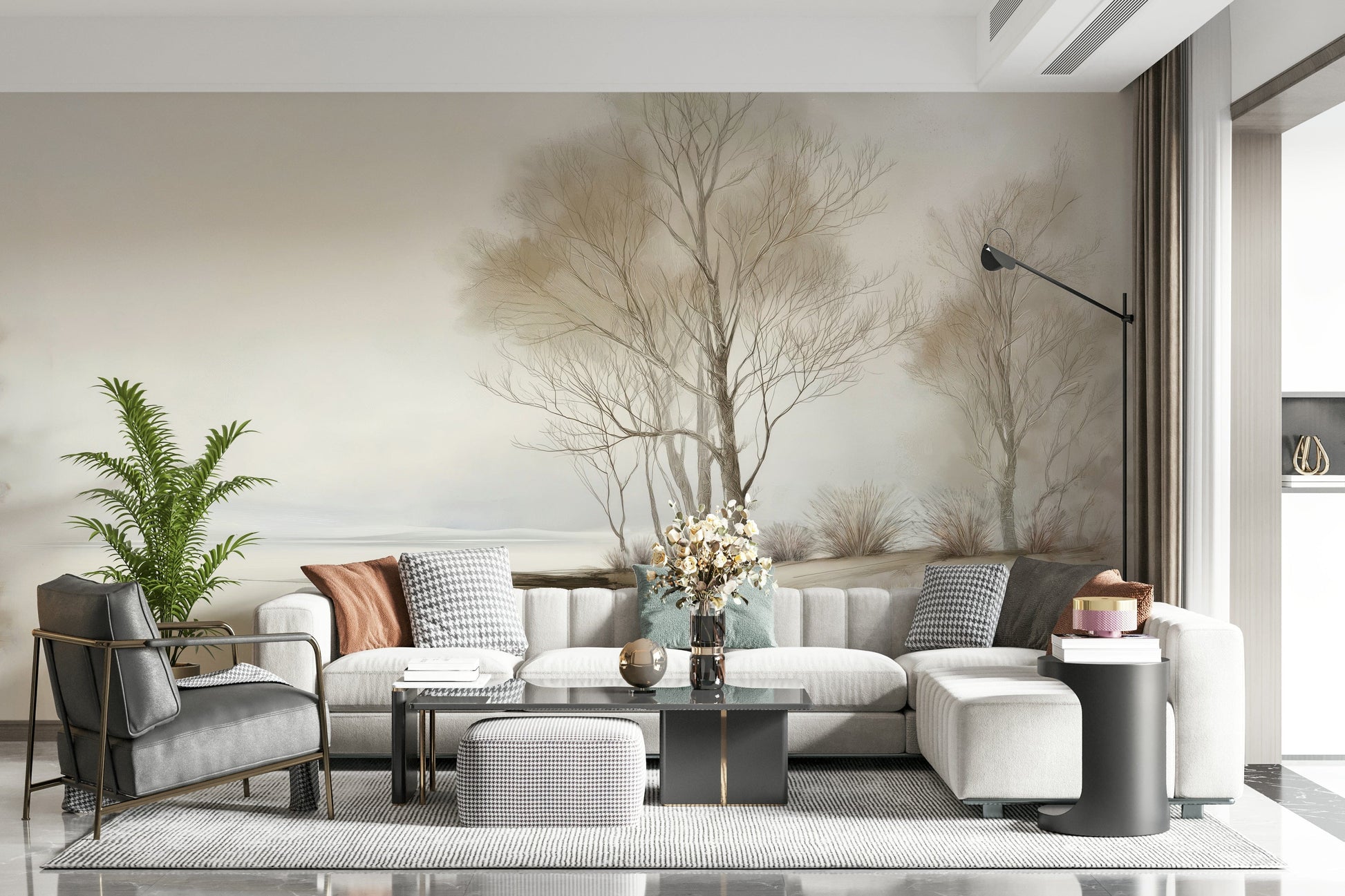 Soft, foggy winter trees lining a quiet beach scene in a calming landscape wallpaper.