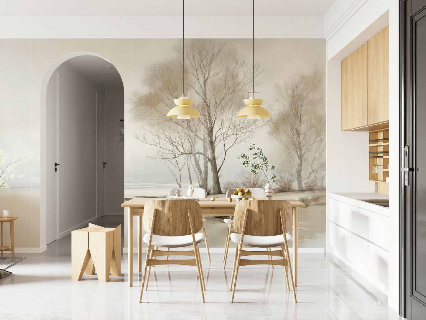 A muted winter landscape wallpaper with tall leafless trees and a tranquil shoreline backdrop.