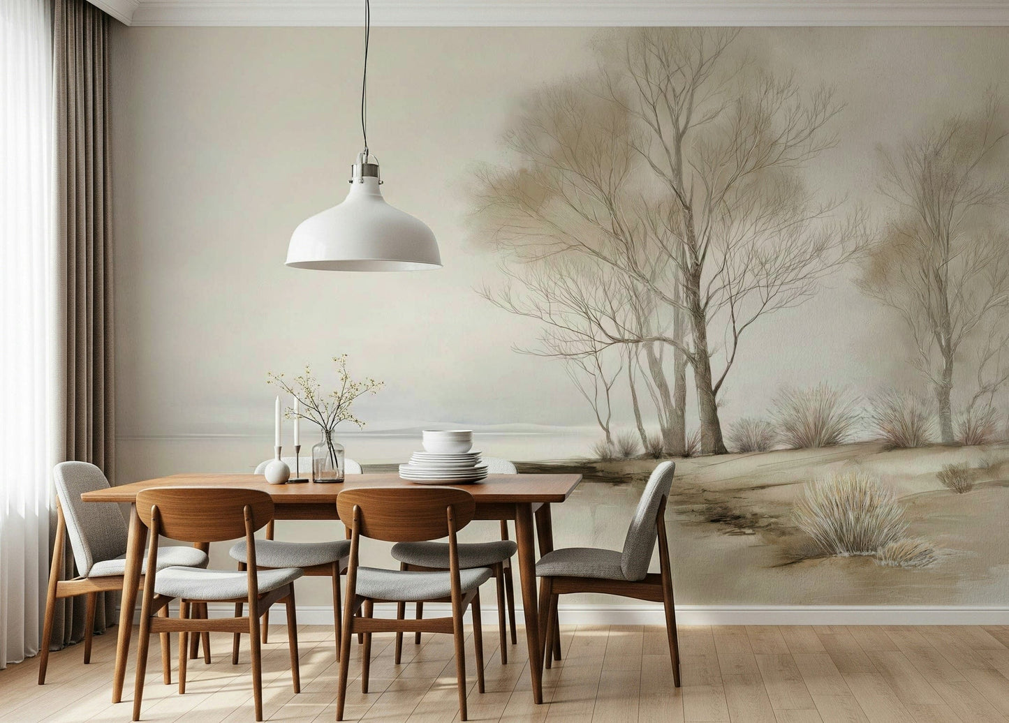 A serene winter shoreline wallpaper featuring soft, misty trees along a quiet coastal landscape.