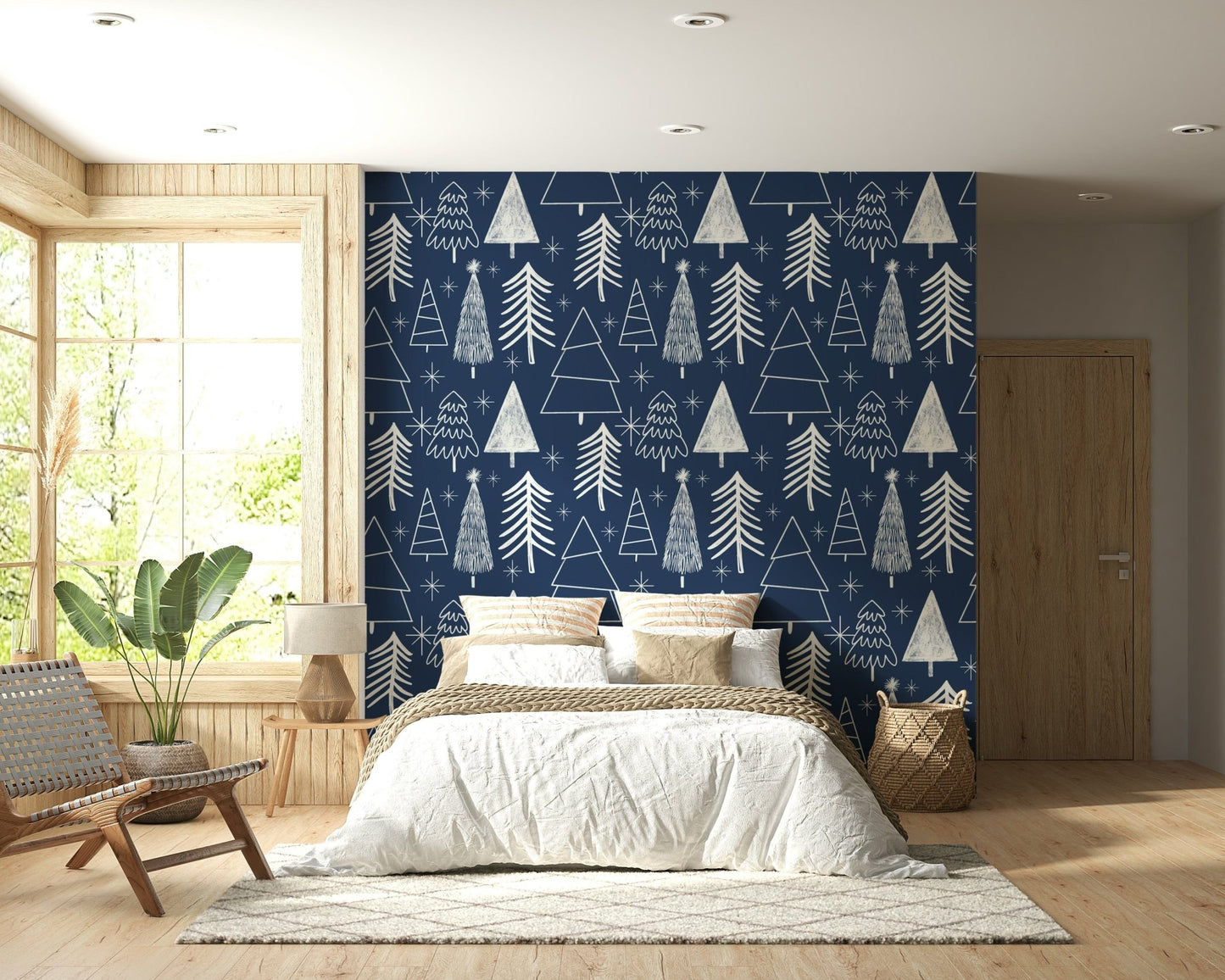 Winter trees wallpaper with clean, simple line drawings and a snowy forest feel.