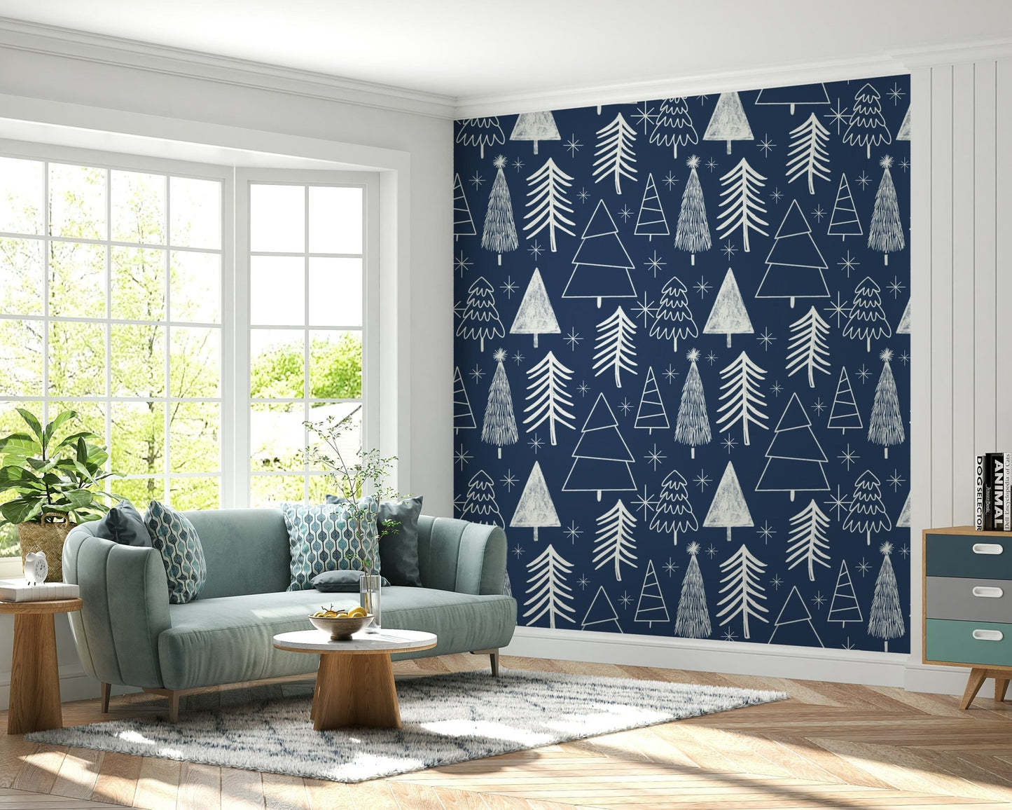 Hand-drawn Christmas tree motifs arranged in a repeating pattern on this winter wallpaper.