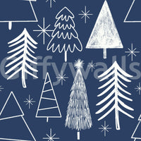 Navy wallpaper filled with playful, hand-drawn evergreen shapes for a wintery look.