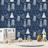A holiday-themed wallpaper with scattered winter tree outlines in soft white tones.