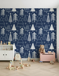 Navy blue wallpaper decorated with outlined winter trees and sparkling star shapes.