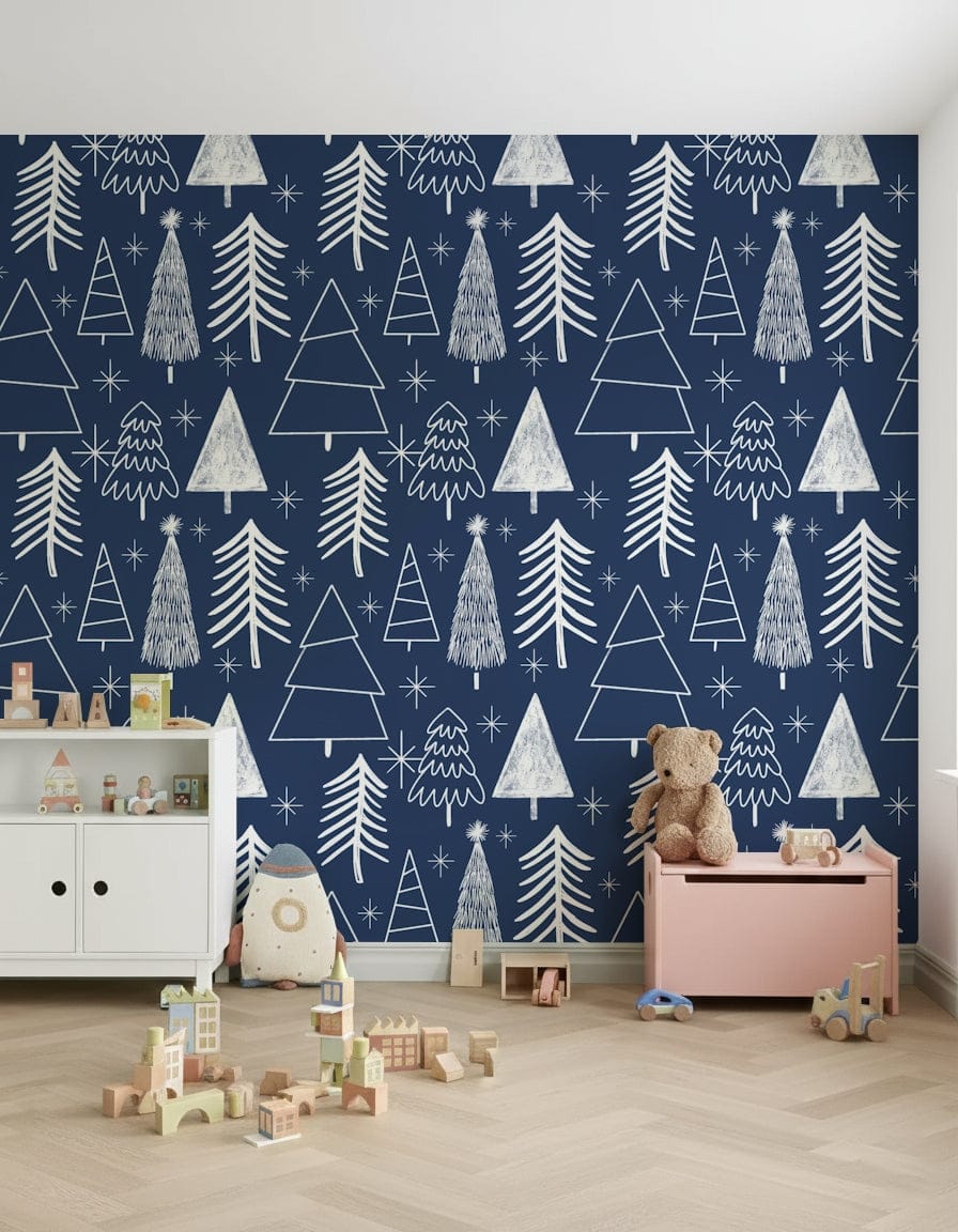 Navy blue wallpaper decorated with outlined winter trees and sparkling star shapes.