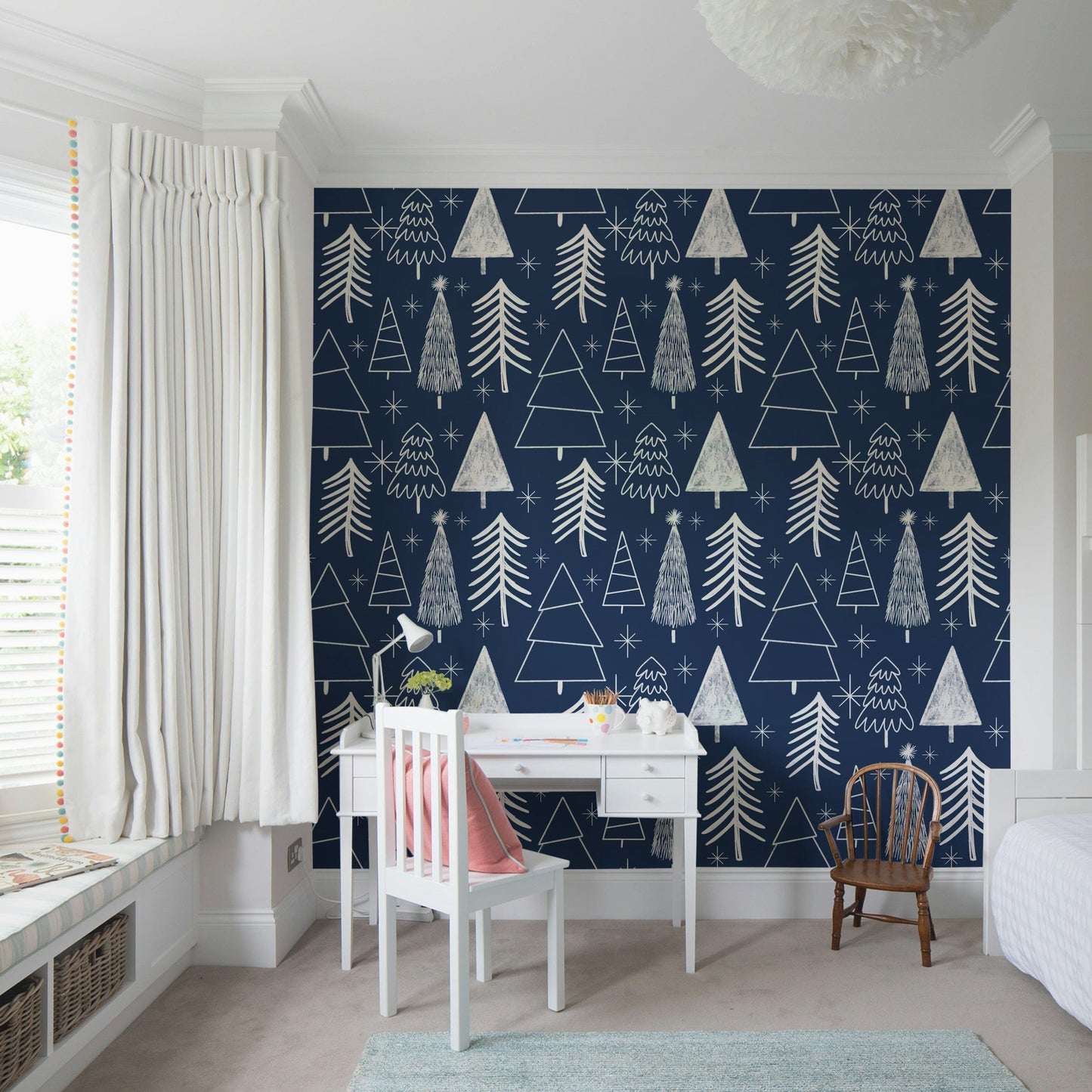 A winter trees wallpaper featuring hand-drawn white Christmas trees on a deep navy background.