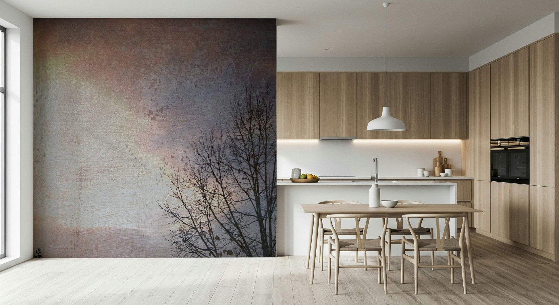 A sepia toned wall mural, bare limbs, weathered surface, solstice scene.