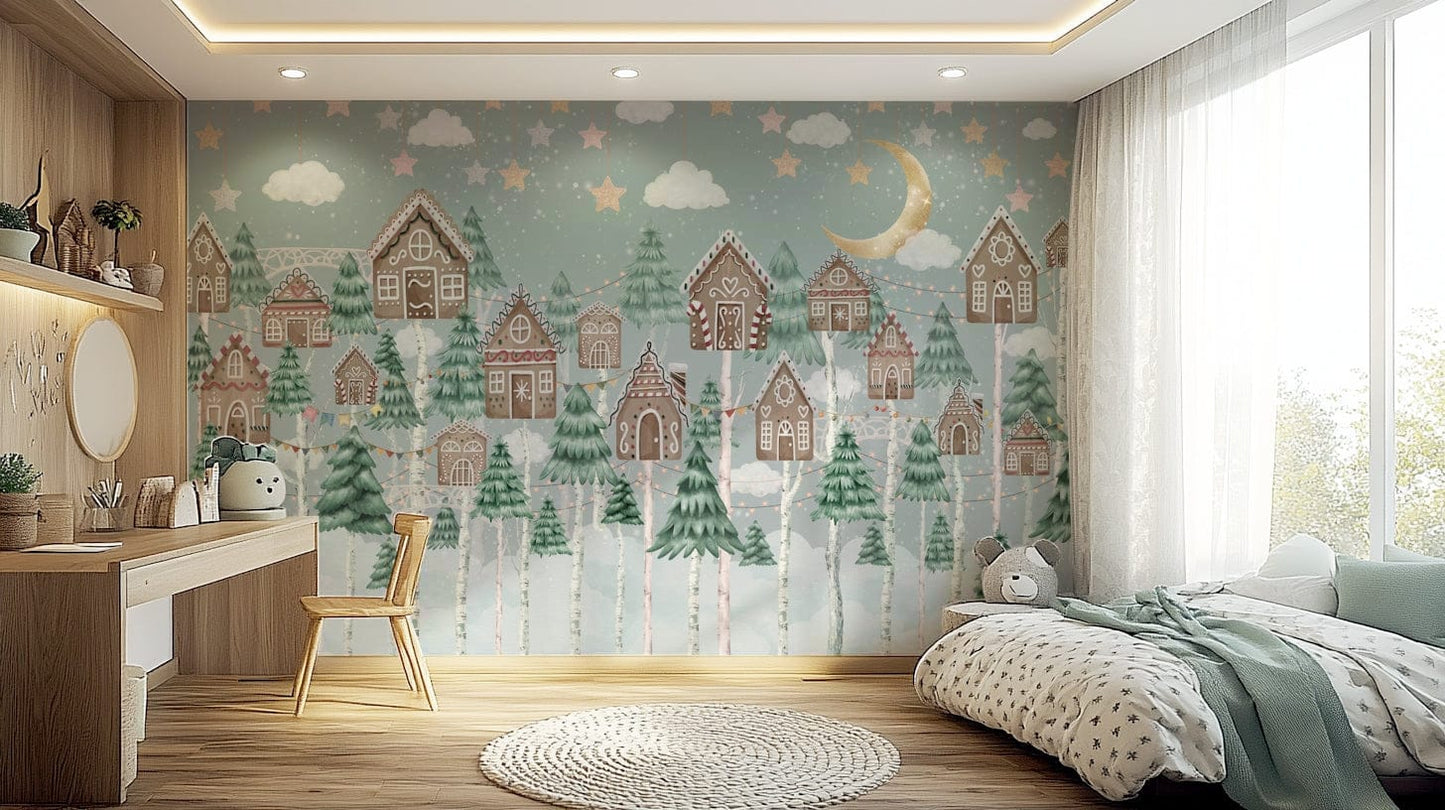 The design features charming houses with snow on their roofs.

