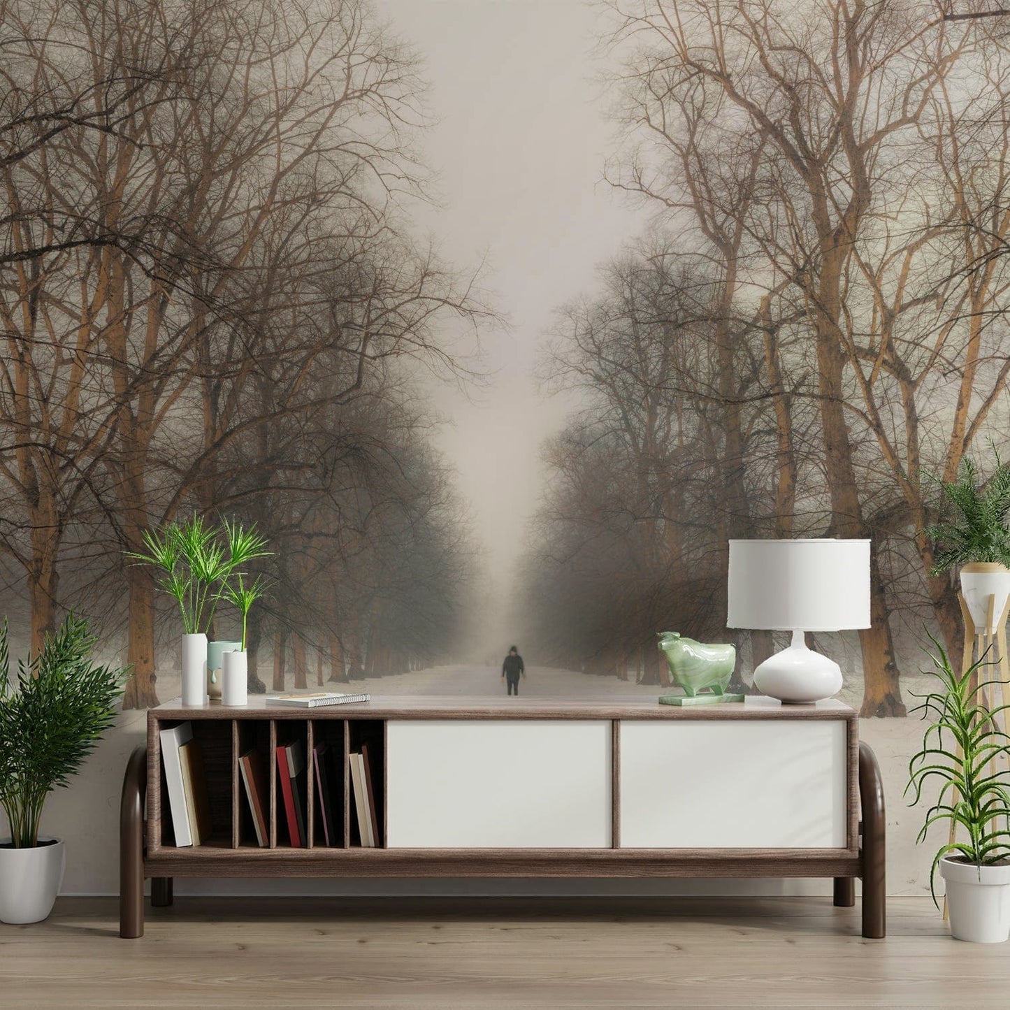 A beautiful wide-angle wall mural of a park scene.

