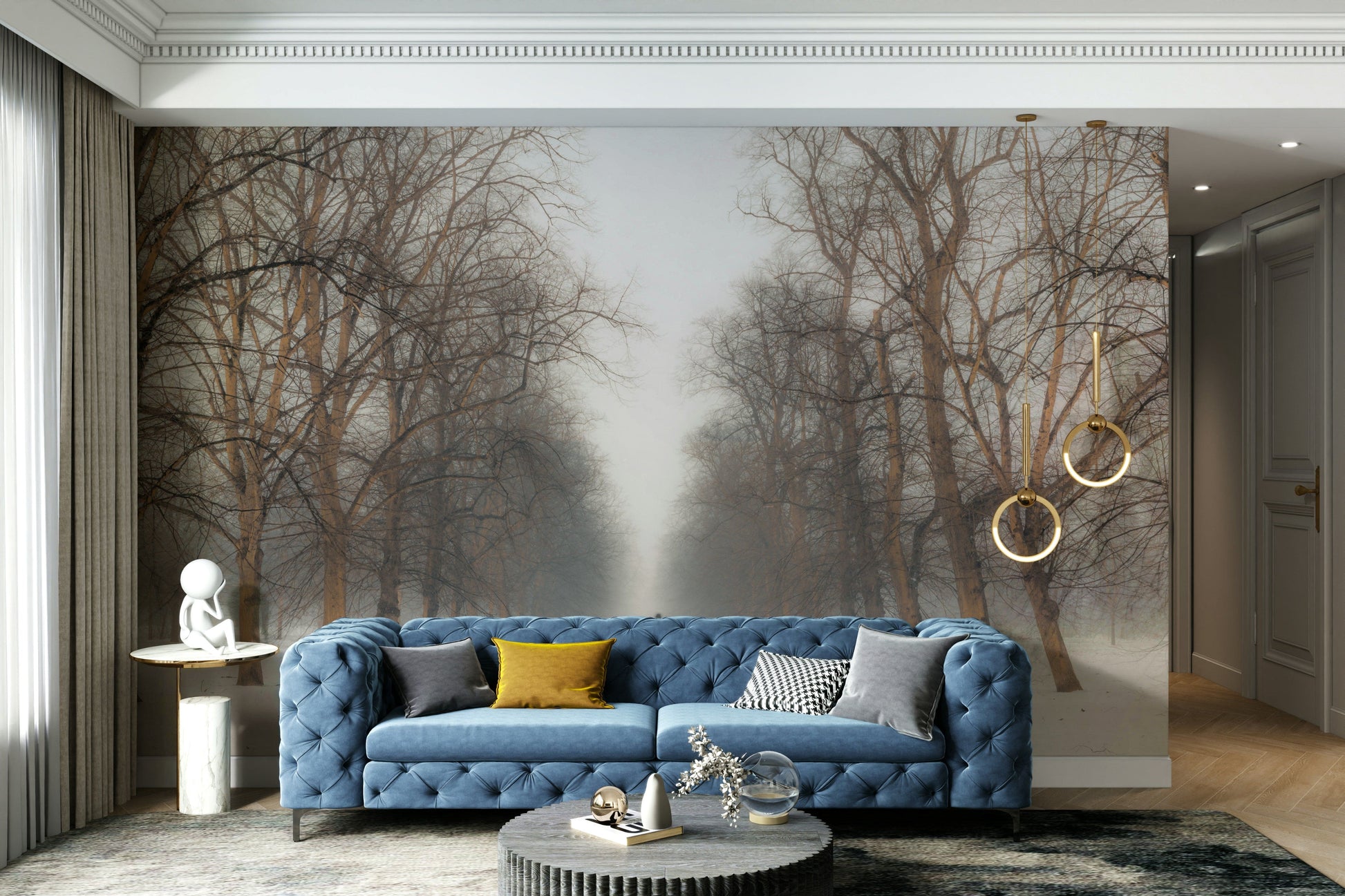 A peaceful park landscape mural on decorative wallpaper.

