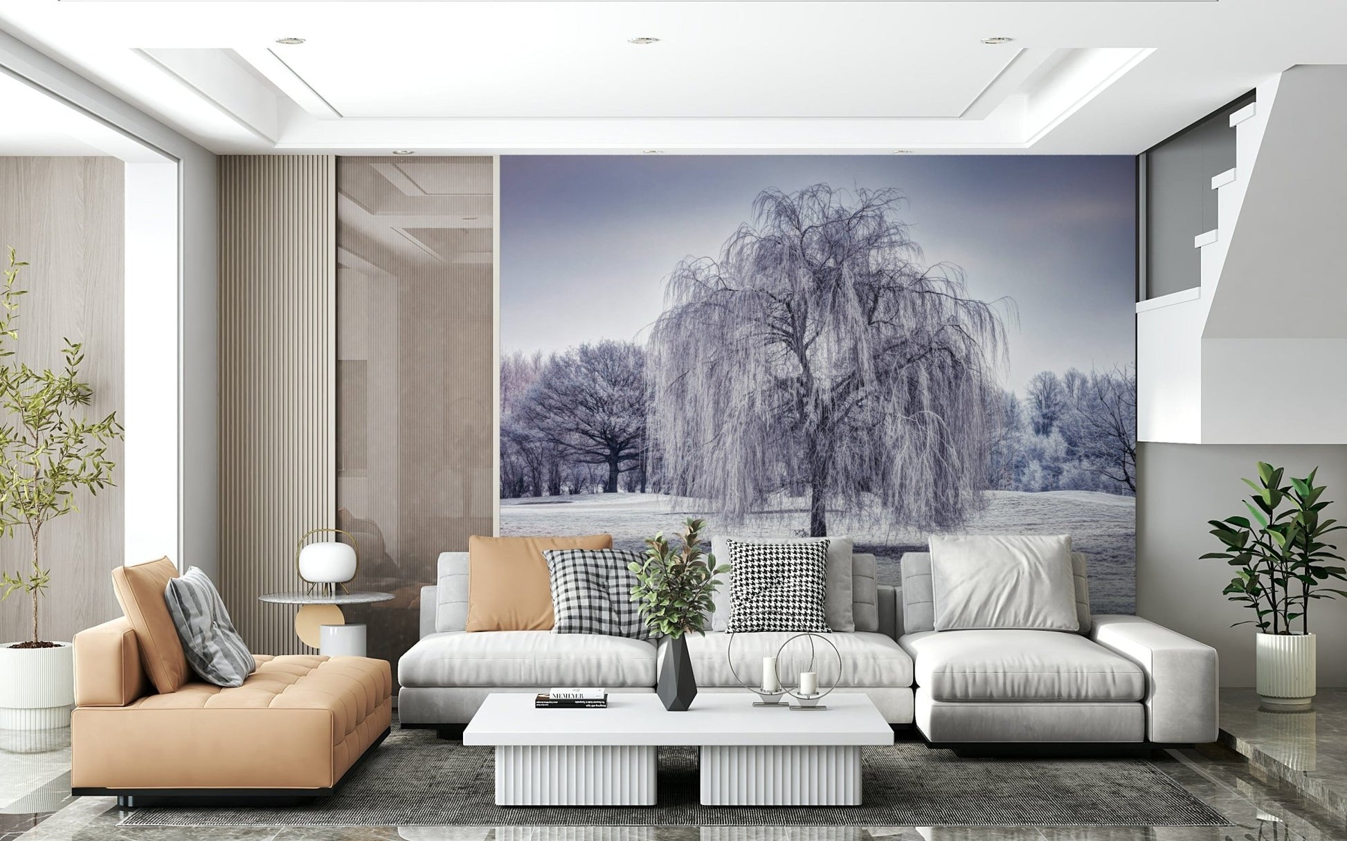 Silvered Winter Weeping Tree wallpaper, monochromatic elegance for walls.