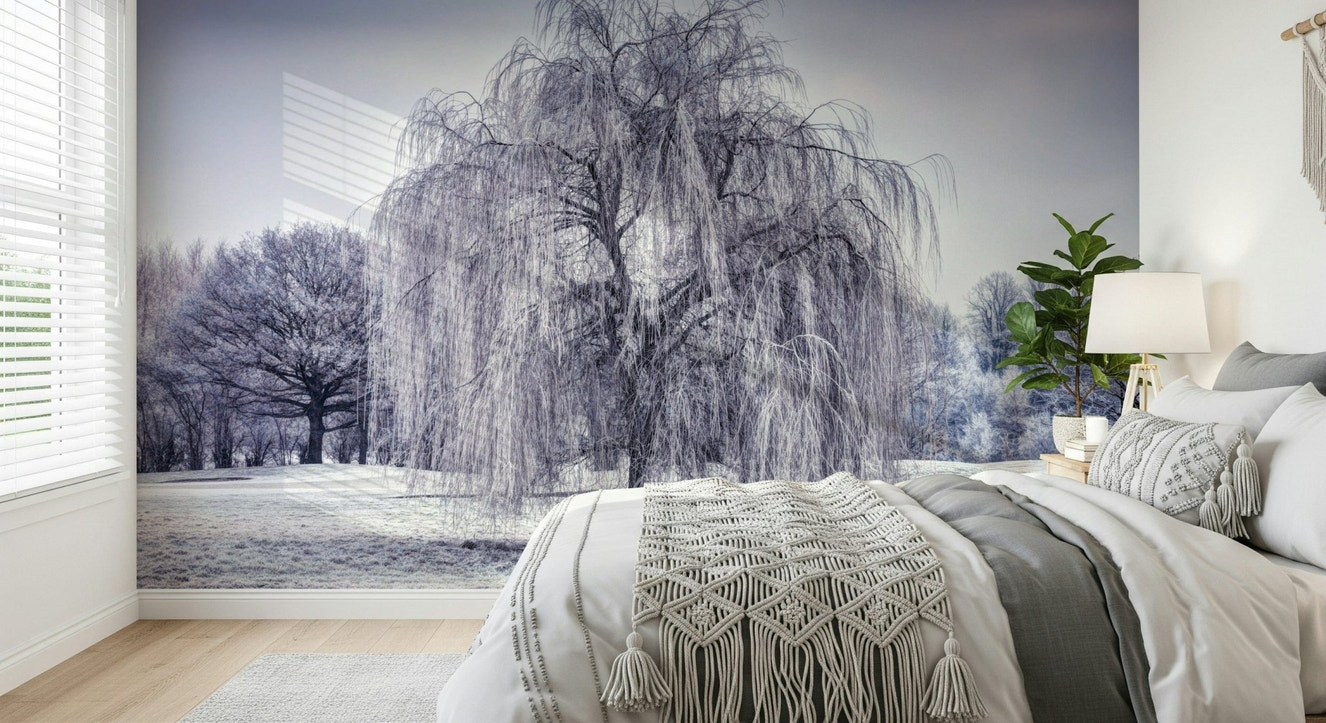Ethereal Winter Weeping Tree canvas mural, a frozen vista.