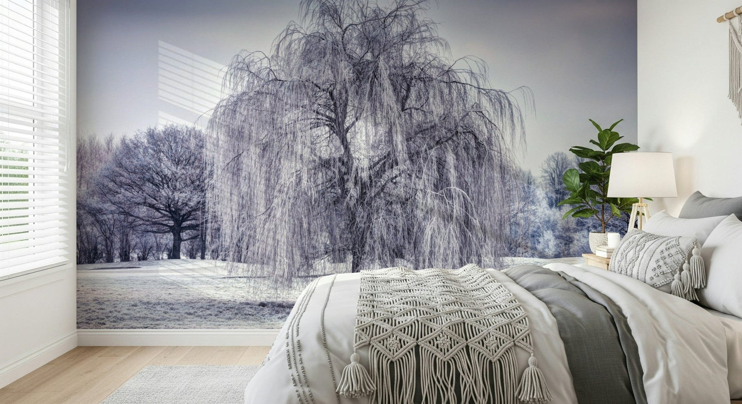 Ethereal Winter Weeping Tree canvas mural, a frozen vista.