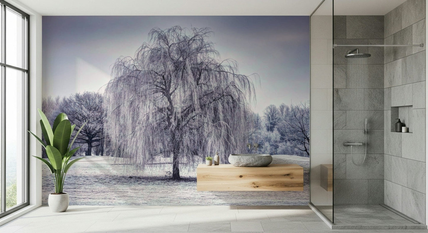 Chillingly beautiful Weeping Tree photo mural, peaceful winter.