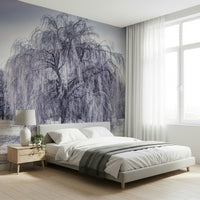 Winter Weeping Tree mural, frosted willow, icy nature scene wallpaper.