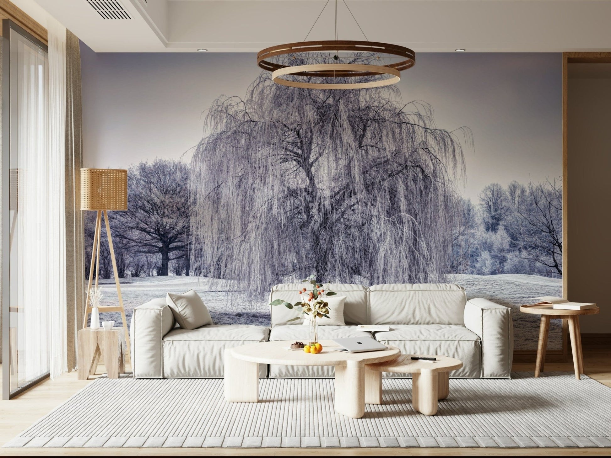 Icy landscape wall mural featuring a majestic frosted willow.