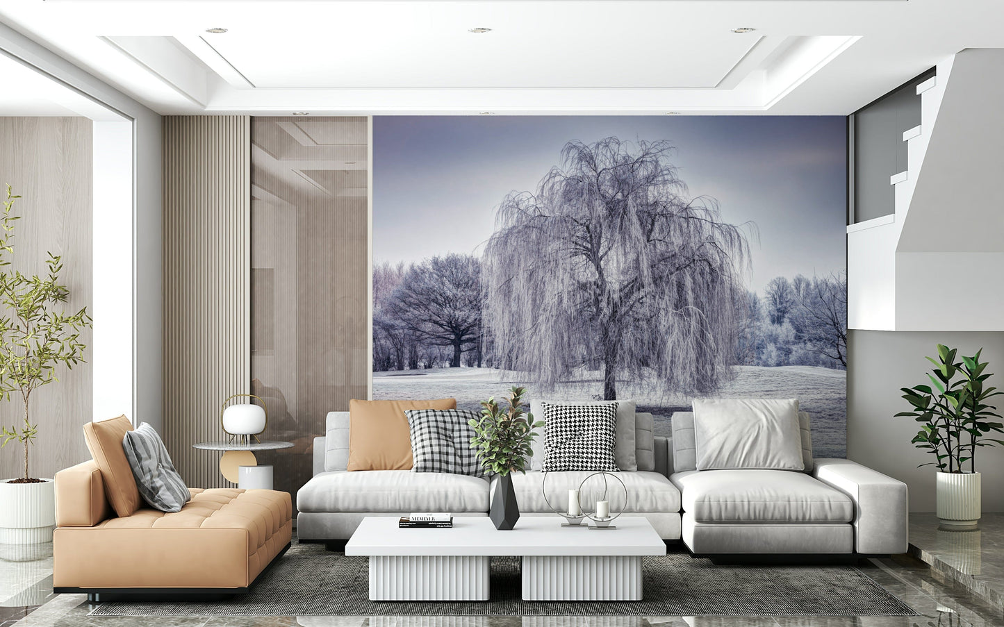 Silvered Winter Weeping Tree wallpaper, monochromatic elegance for walls.