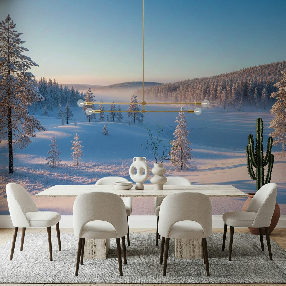 Winter’s Calm Whisper Wall Mural in hallway entry, light color tones, peaceful scenic wallpaper