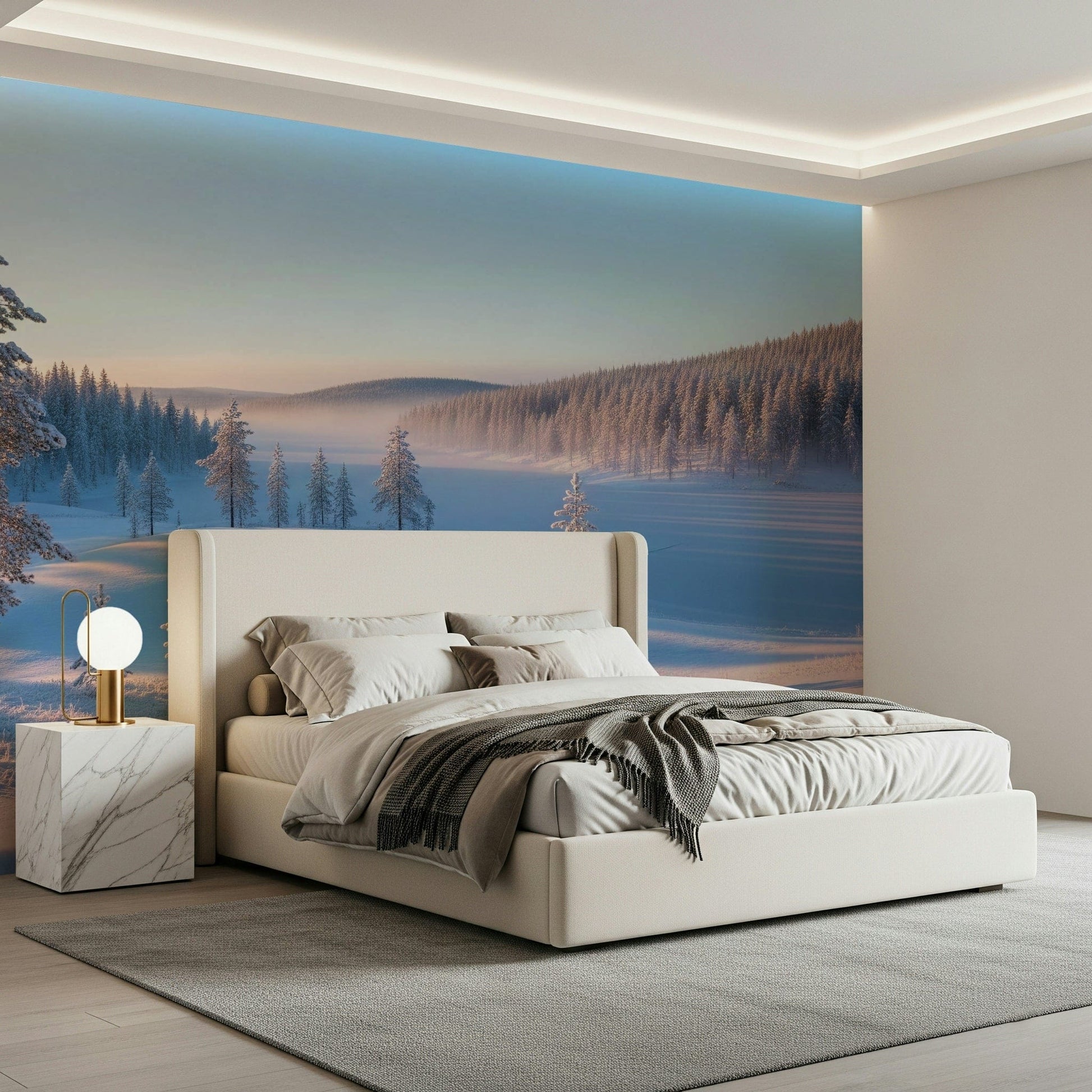 Calm snowy landscape wallpaper in reading nook, modern decor, light color scheme
