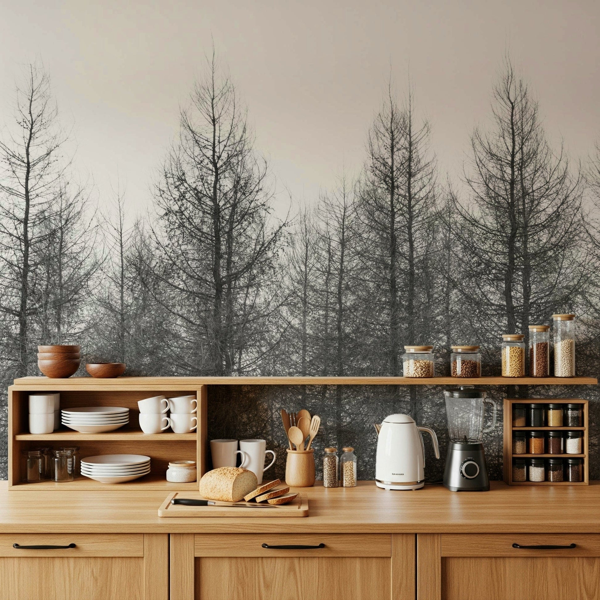 Winter wall mural in meeting room, muted greys, modern styling, uncluttered look